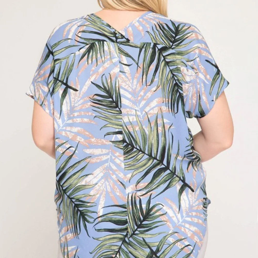 XL Blue Palm Blouse - Picture 3 of 5